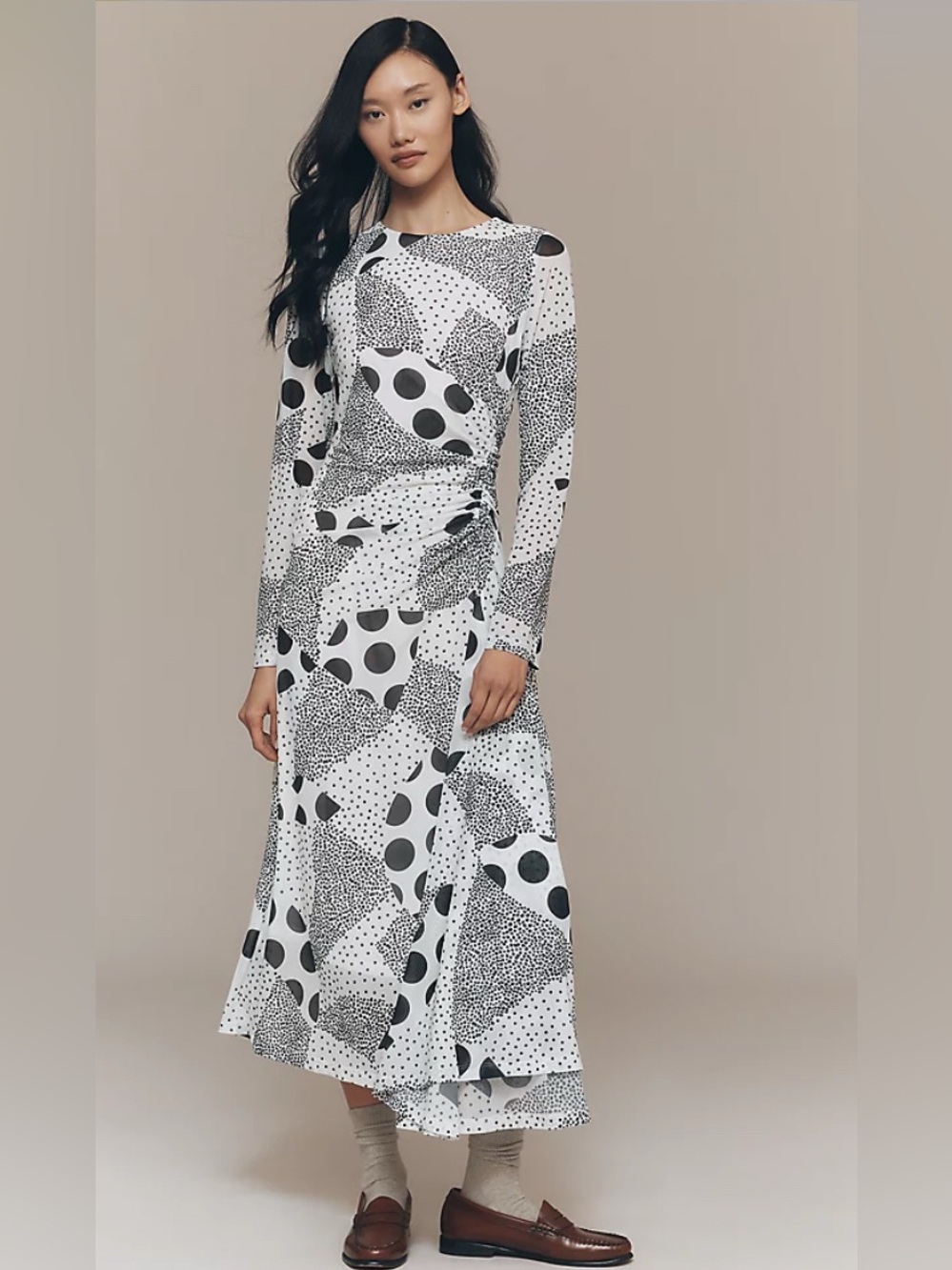 Anthropologie Black and White Long Sleeve Ruched Midi Dress